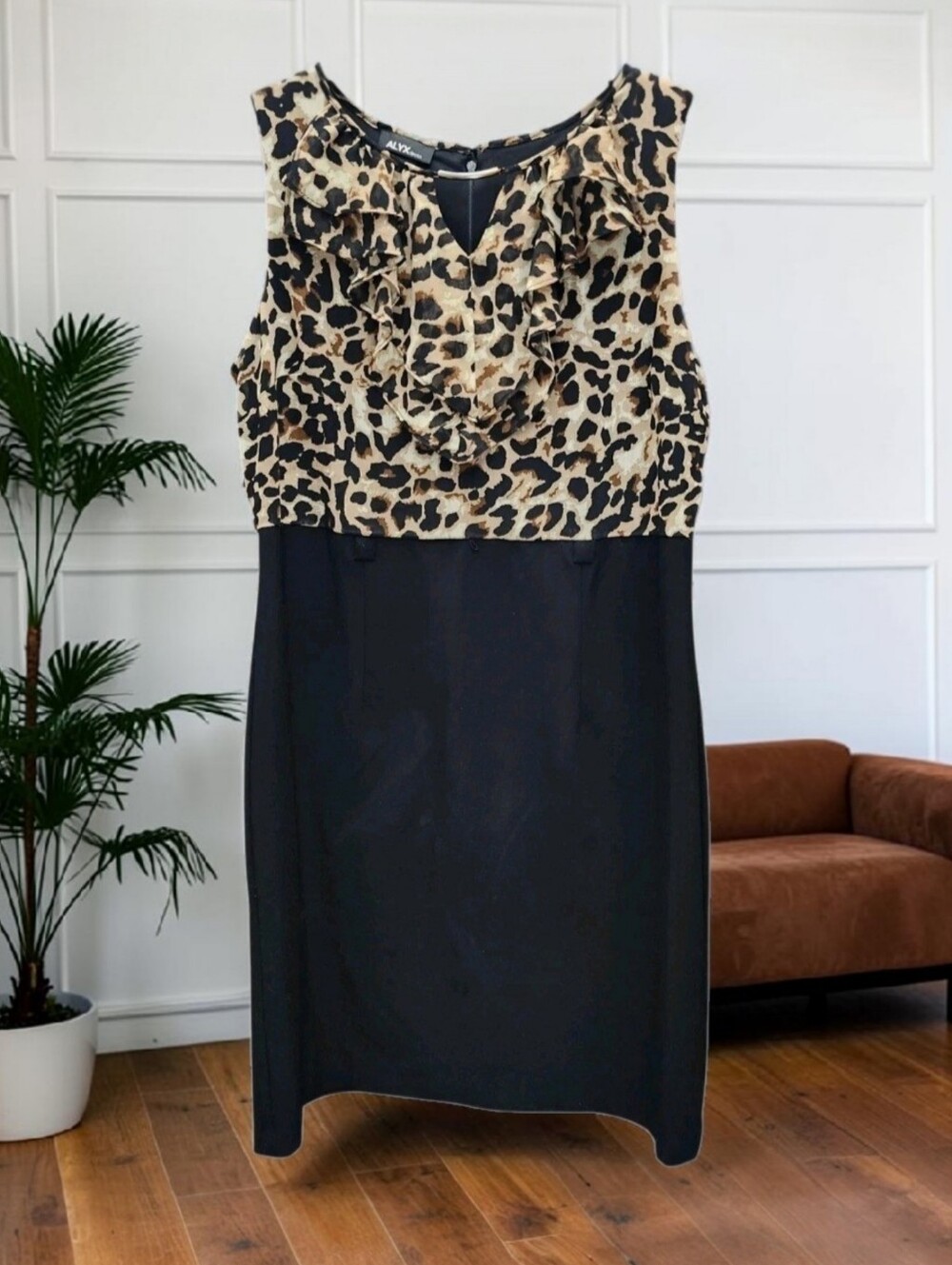 ALYX Two Tone Sheath Dress Womens 14 Black Leopard Print Silky Ruffle Corporate